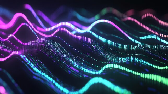 Abstract Neon Wave Background Futuristic Digital Data Flow, Vibrant Purple, Teal, and Green Glowing Lines, 3D Render