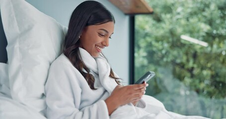 Aufkleber - home, bed and woman with mobile for social media, scroll comment and chat with online contact. house
