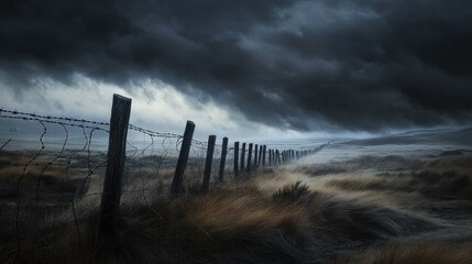 Aufkleber - A barbed wire fence casting dramatic shadows against a dark, stormy sky, evoking a sense of tension and foreboding in the landscape.