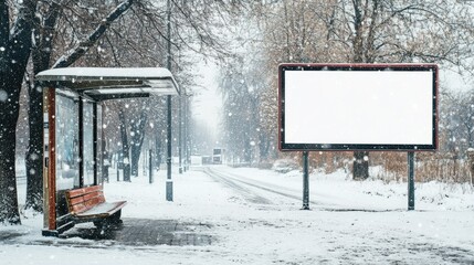 Poster - A blank billboard mockup on a snowy winter day, situated near a bus stop, perfect for advertising or promotional designs.