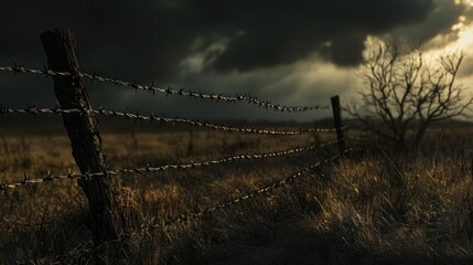 Aufkleber - A close-up of a barbed wire fence with shadows stretching across the ground, set against a moody, stormy sky, creating a powerful visual.