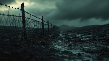 Aufkleber - A close-up of a barbed wire fence with shadows stretching across the ground, set against a moody, stormy sky, creating a powerful visual.