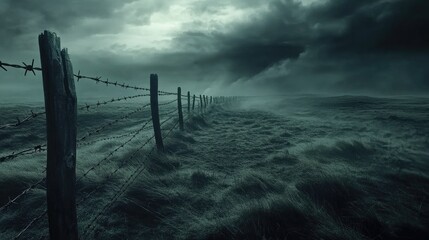 Aufkleber - A close-up of a barbed wire fence with shadows stretching across the ground, set against a moody, stormy sky, creating a powerful visual.