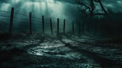 Aufkleber - A close-up of a barbed wire fence with shadows stretching across the ground, set against a moody, stormy sky, creating a powerful visual.