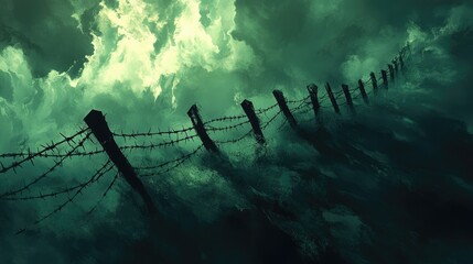 Aufkleber - A dramatic scene with a barbed wire fence casting long shadows, against a turbulent, stormy sky, symbolizing strength and adversity.