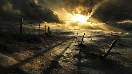 Aufkleber - A dramatic scene with a barbed wire fence casting long shadows, against a turbulent, stormy sky, symbolizing strength and adversity.