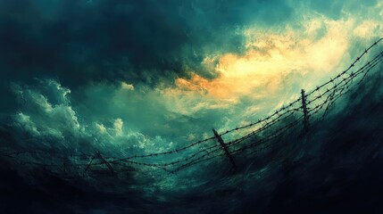 Aufkleber - A dramatic scene with a barbed wire fence casting long shadows, against a turbulent, stormy sky, symbolizing strength and adversity.