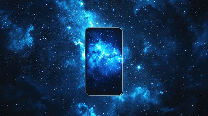 Poster - A sleek futuristic smartphone displayed against a cosmic starry backdrop, with vibrant blue galaxies illuminating the space