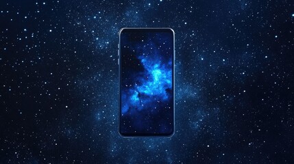 Poster - A sleek futuristic smartphone displayed against a cosmic starry backdrop, with vibrant blue galaxies illuminating the space