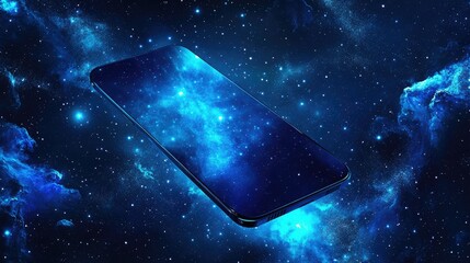 Poster - A sleek futuristic smartphone displayed against a cosmic starry backdrop, with vibrant blue galaxies illuminating the space