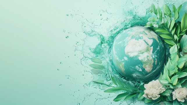 A vibrant Earth Day banner featuring a globe surrounded by lush greenery and water splashes, with space for text to raise environmental awareness.