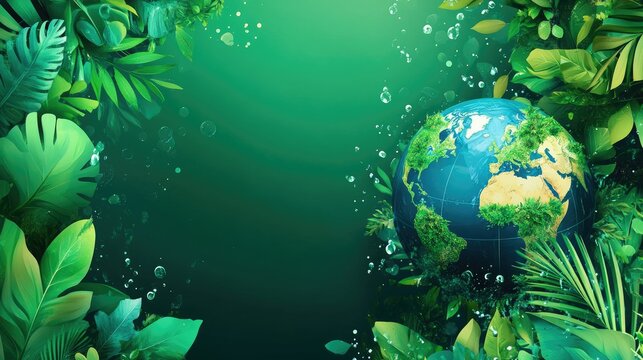 A vibrant Earth Day banner featuring a globe surrounded by lush greenery and water splashes, with space for text to raise environmental awareness.