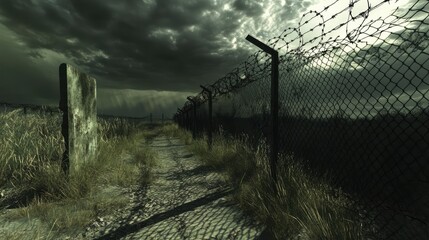 Aufkleber - Barbed wire fence casting shadows on the ground, with a stormy sky in the background, creating an intense, moody atmosphere.