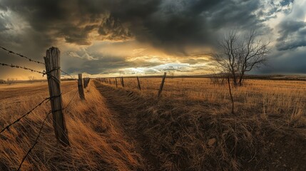 Aufkleber - Barbed wire fence casting shadows on the ground, with a stormy sky in the background, creating an intense, moody atmosphere.