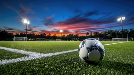 Poster - Bright stadium lights shine on a soccer ball resting on the green field, as an exciting evening match is about to begin