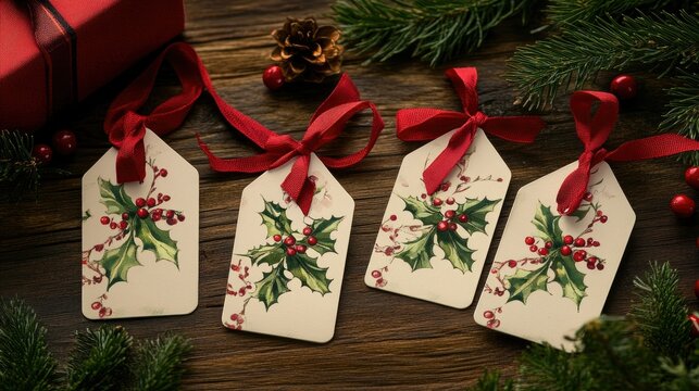 Christmas gift tags with red ribbons and holly berries hanging on wrapped presents, adding festive charm to the holiday season.