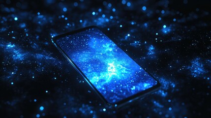 Poster - Cosmic galaxy background with a futuristic smartphone in the foreground, illuminated by glowing blue starry effects, showcasing the tech and space fusion