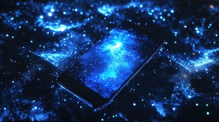 Poster - Cosmic galaxy background with a futuristic smartphone in the foreground, illuminated by glowing blue starry effects, showcasing the tech and space fusion