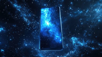 Poster - Futuristic phone design in front of a starry cosmic backdrop, with vibrant blue galaxy effects, emphasizing the connection between technology and space