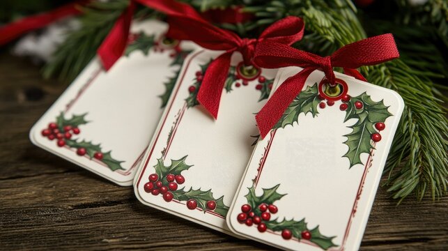 Gift tags with red ribbons and holly berries hanging on Christmas gifts, creating a warm and festive holiday atmosphere.