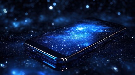 Poster - Modern smartphone design against a starry cosmic background with glowing blue galaxy effects, symbolizing the fusion of technology and the universe