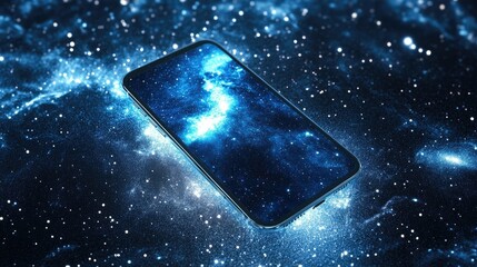 Poster - Modern smartphone design against a starry cosmic background with glowing blue galaxy effects, symbolizing the fusion of technology and the universe