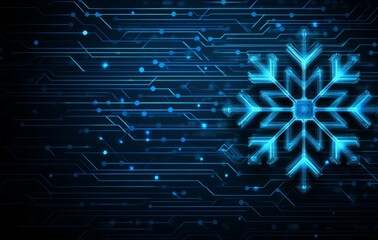Poster - Abstract digital illustration of a microchip board framed in a snowflake on a blue background. This image embodies the technology concept and makes for a festive Happy New Year and Merry Christmas