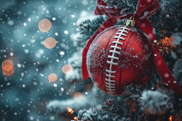 Sticker - A Christmas ornament in the shape of a football ball with a red ribbon hanging.	
