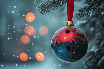 Sticker - A Christmas ornament in the shape of a bowling ball with a red ribbon hanging.	