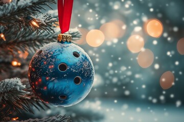 Sticker - A Christmas ornament in the shape of a bowling ball with a red ribbon hanging.	