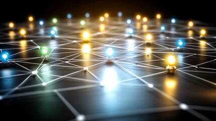 Poster - Futuristic data technology illustration featuring a wave of bright particles. A technological 3D landscape that showcases big data visualization. This scene includes a network of dots interconnected