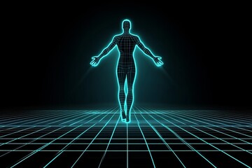 Poster - a futuristic scene with vibrant neon lights and a grid pattern background, styled in a technological