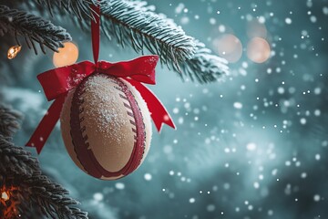 Canvas Print - A Christmas ornament in the shape of a rugby ball with a red ribbon hanging.	