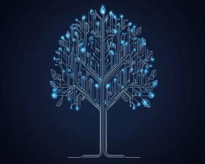 Aufkleber - Tree data technology against a dark blue backdrop. Digital circuit board showcasing internet connectivity. A modern illustration in a futuristic, hi-tech style.