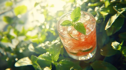 Wall Mural - Refreshing Iced Mint Cocktail in Sunlit Garden Setting