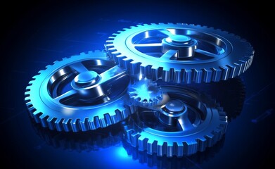 Poster - A modern, futuristic cog gear wheel adorned with arrows on a dark blue background, representing advanced digital technology and engineering concepts in telecom.