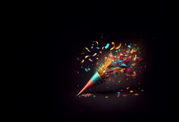 Poster - A party horn explodes with vibrant confetti, ribbons, and golden sparkles against a dark background.  A festive burst of color and joy.