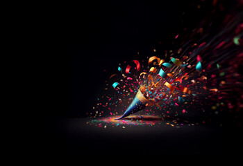 Poster - A vibrant party hat explodes, showering colorful confetti and ribbons against a dark background.  The image captures the joyous energy of a celebration.