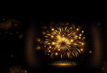 Poster - A breathtaking burst of golden fireworks illuminates the night sky, glittering sparks radiating outwards against a deep black backdrop.  The celebratory display is full of vibrant light and energy.