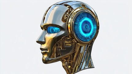 Poster - A 3D rendering of an AI robot head featuring a visible digital brain engine, set against a white background with a clipping path. Stock