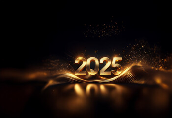Poster - Golden 2025 numerals shimmer on a dark background,  adorned with glittering particles and elegant gold waves.  A luxurious, celebratory New Year's image.
