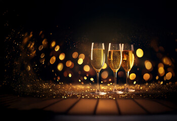 Aufkleber - Three champagne flutes filled to the brim, sparkling against a backdrop of warm, golden bokeh lights.  A celebratory scene perfect for toasting.