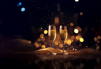 Aufkleber - Two champagne flutes filled to the brim, sparkle against a backdrop of warm, golden bokeh lights and glittering fabric.  A celebratory and festive scene.