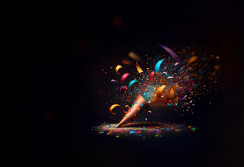 Poster - A party hat explodes, showering colorful confetti and ribbons.  A vibrant celebration captured in motion.