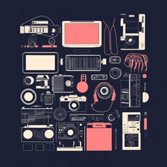 Poster - Abstract futuristic artwork featuring a digital camera and a man with binoculars, rendered in a stylized geometric pattern.