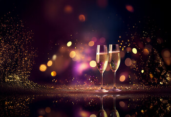 Aufkleber - Two champagne flutes filled to the brim, sparkle against a backdrop of shimmering lights and bokeh.  A celebratory image perfect for toasting.
