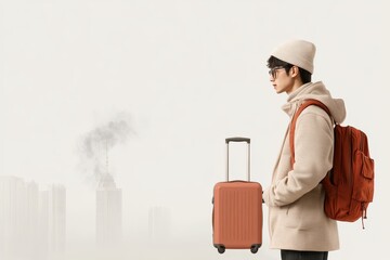 a young traveler with a backpack and suitcase waits in a minimalist, foggy urban setting, embodying 