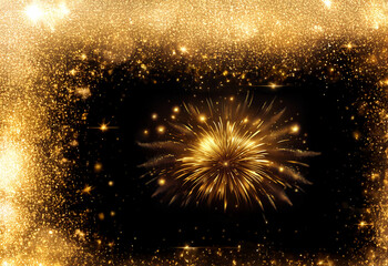 Poster - A breathtaking golden firework bursts against a dark background, its radiant sparks and glittering trails creating a dazzling spectacle of light and color.  The image evokes feelings of celebration an