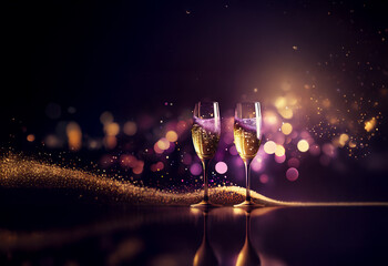 Poster - Two champagne flutes filled with sparkling wine sit on a glittery surface against a bokeh background of purple and gold lights.  Perfect for celebration.
