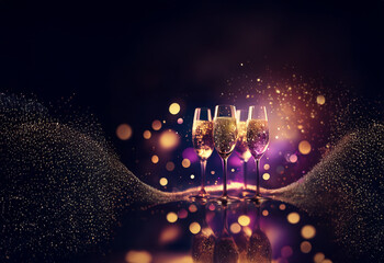 Poster - Three champagne flutes filled with sparkling golden liquid sit on a shimmering surface, bathed in a warm, celebratory glow.  The background features a bokeh of soft purple and gold lights.